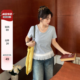 獨(dú)特絕美短袖 夏裝 2025新款 小上衣胖mm大碼 女裝 超好看拼接蕾絲t恤