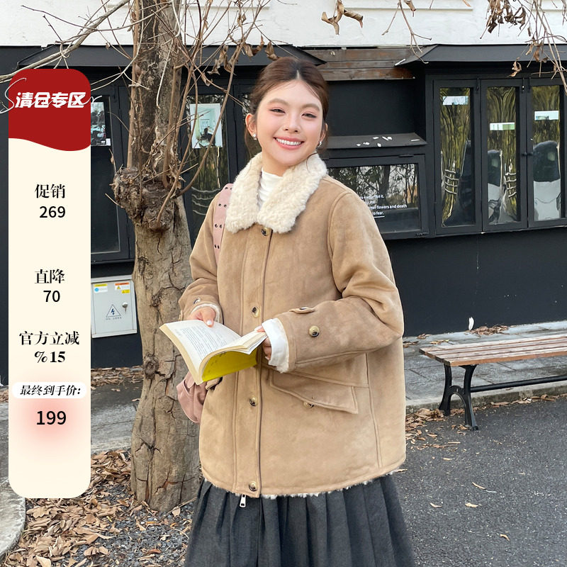 大码女装新款独特漂亮翻领仿麂皮羊羔毛冬装加厚外套皮毛一体夹克