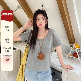 短袖 胖mm显瘦圆领美式 上衣 正肩独特漂亮t恤大码 小草微胖定制新款