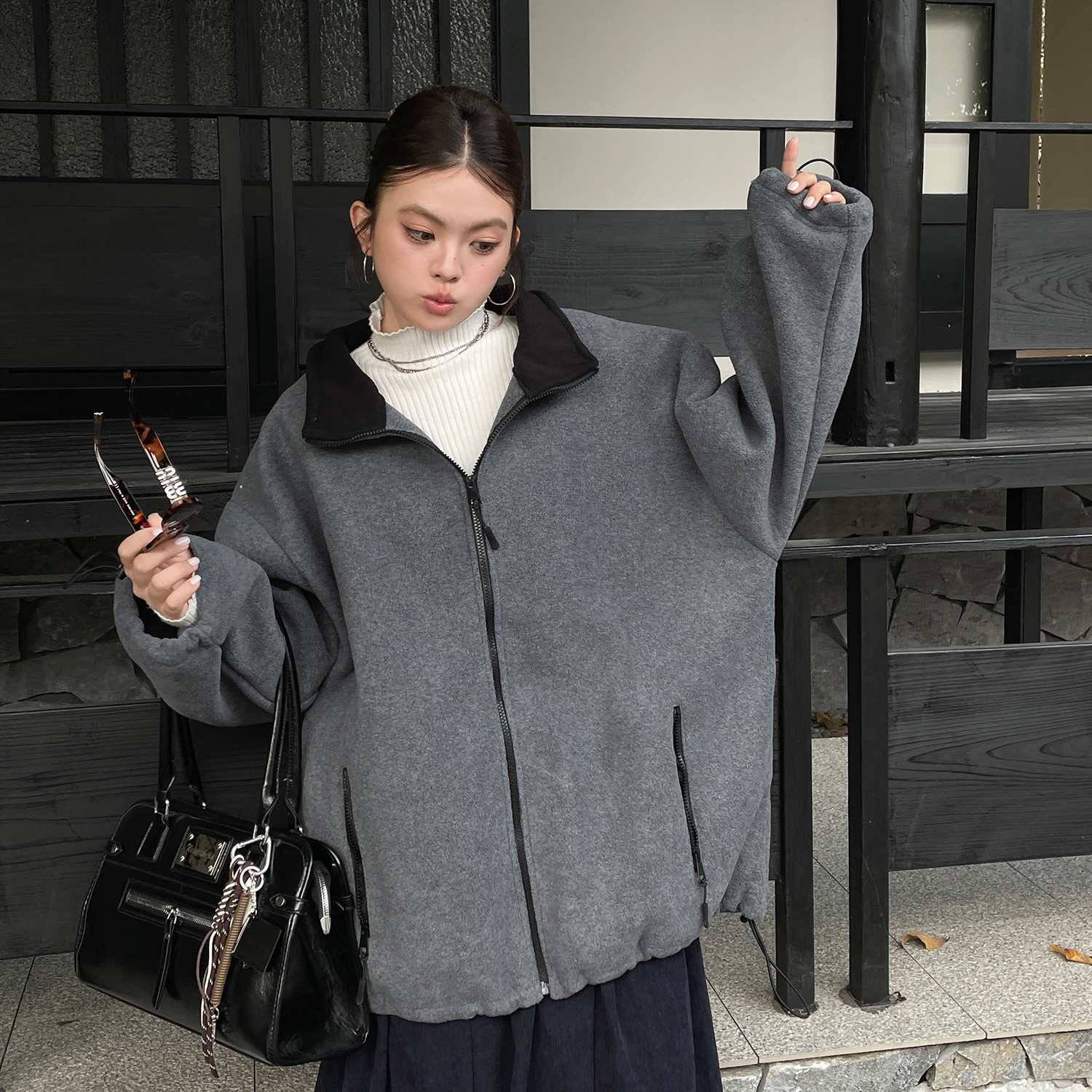 大码胖mm有质感双面加厚摇粒绒卫衣外套秋冬女装宽松立领拉链上衣