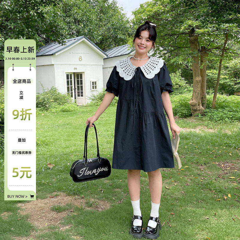 2025夏季穿搭娃娃领洋气减龄连衣裙显瘦大码女装胖mm遮肚藏肉裙子
