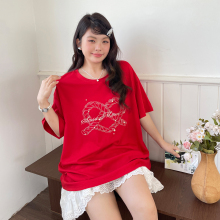 大码女装2025新款夏季漂亮独特绝美上衣胖mm红色圆领美式短袖t恤