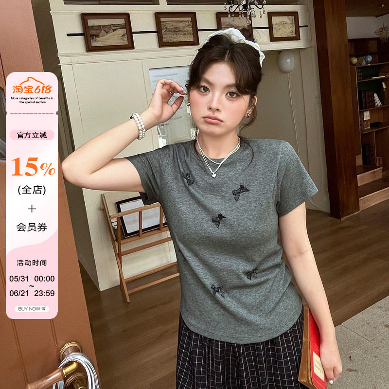 2026夏新款甜美少女正肩大码显瘦短袖胖mm蝴蝶结拼接圆领修身T恤