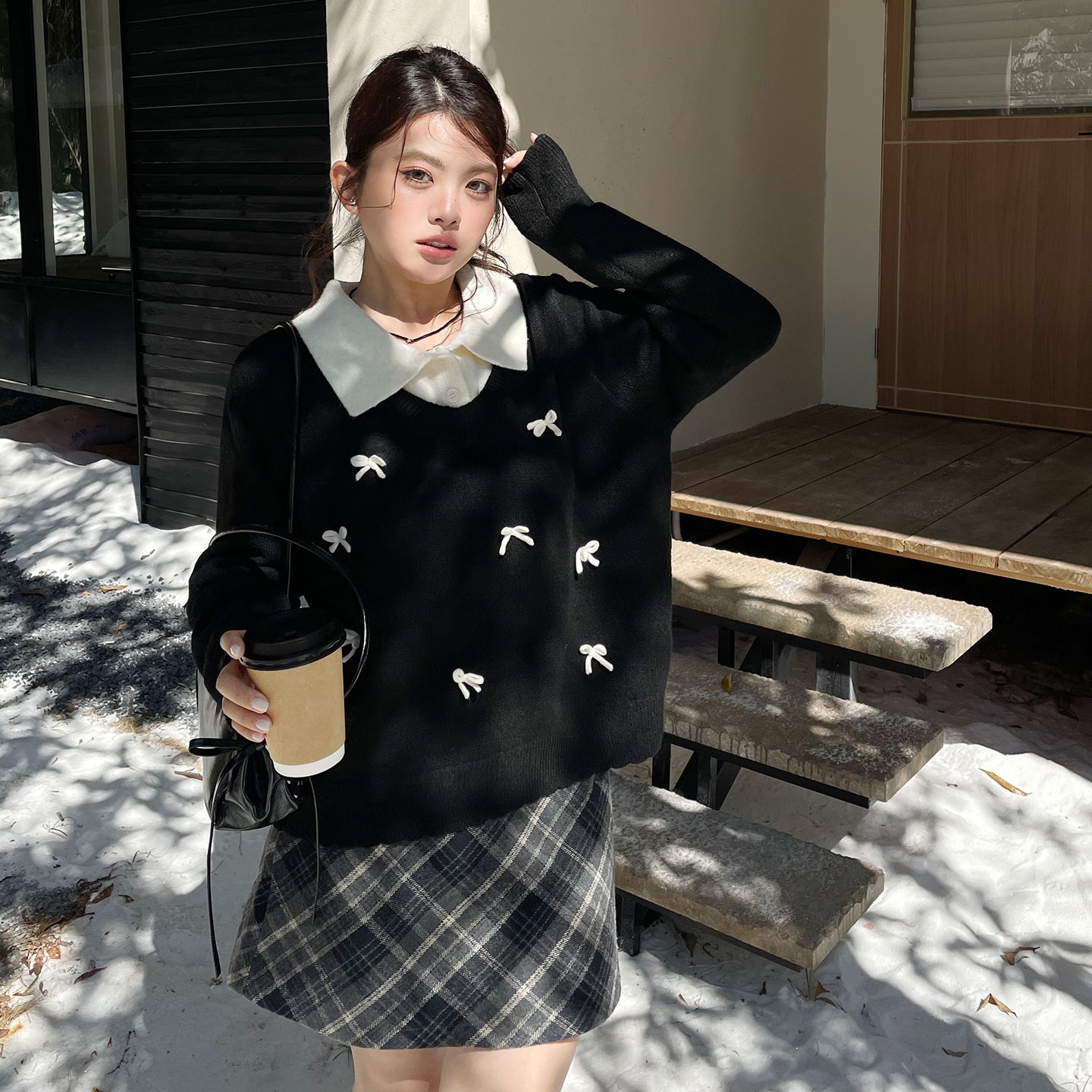 大码女装小众不撞款针织衫2025冬季新款胖mm蝴蝶结假两件毛衣