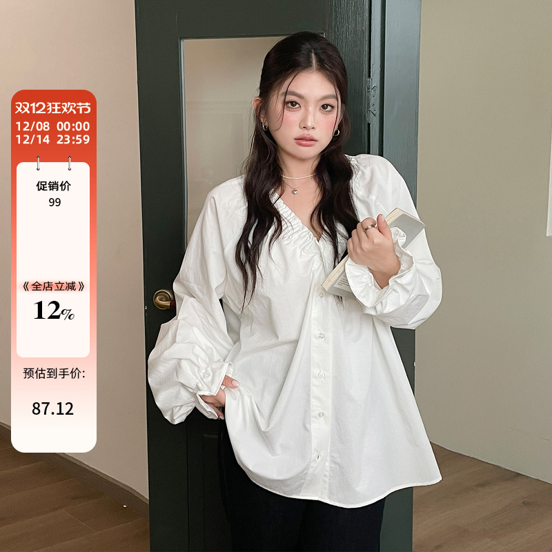 早秋季大码女装法式独特精致v领衬衣胖mm高级感chic别致衬衫上衣
