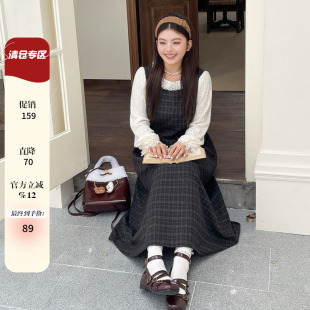 连衣裙法式 大码 蕾丝拼接冬装 胖mm超好看 格纹复古显瘦长裙子 女装