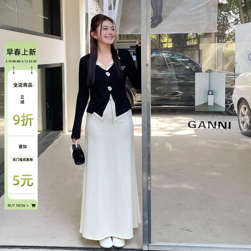 大码女装胖mm超好看小香风千金春装半身裙套装韩系针织上衣两件套