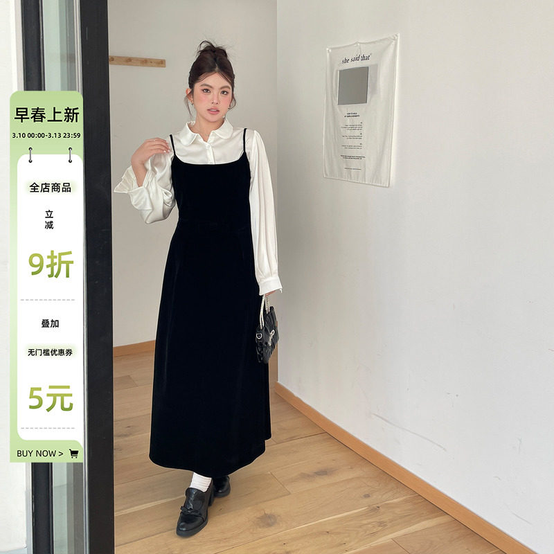 春季穿搭大码女装胖mm显瘦千金风衬衫吊带连衣裙套装小洋装两件套