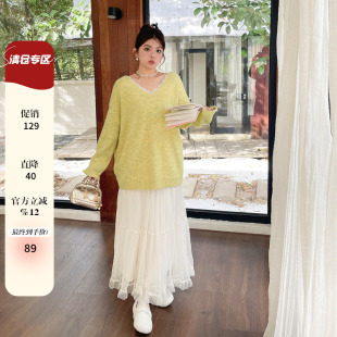 2026大码 胖mm春秋氛围感嫩黄色露背毛衣女大蝴蝶结飘带宽松针织衫