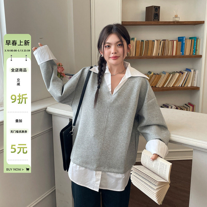 2025新款女装秋季韩系慵懒卫衣大码胖mm假两件高级小众不撞衫上衣