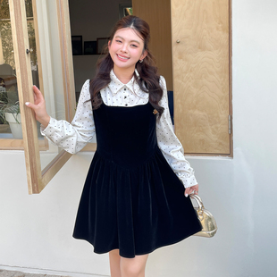 大码女装2026新款miu系千金感连衣裙春设计感假两件波点衬衫裙子