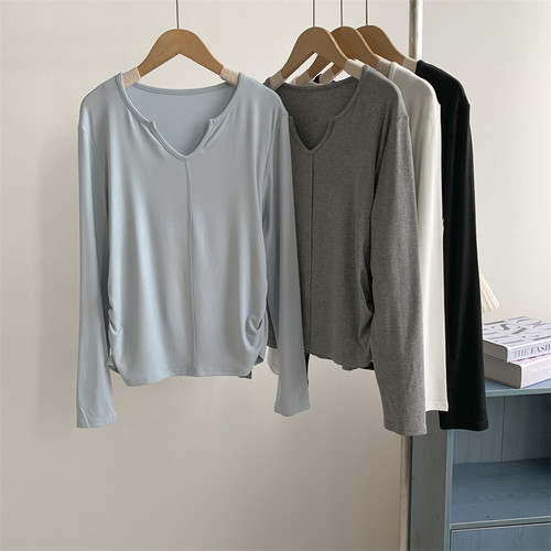软糯高品质拼接V领长袖褶皱T恤女美式舞蹈服练功服现代舞上衣女