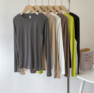 软软绵绵微透视毛边长袖圆领T恤女气质纯色薄款内搭外穿舞蹈服女