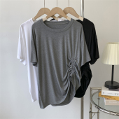 莫代尔下摆抽绳短袖 深灰色T恤女木代尔纯色宽松慵懒设计感T恤上衣