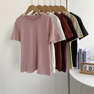 圆领光板短袖T恤女纯色宽松显瘦百搭厚实打底衫铁锈红现代舞上衣