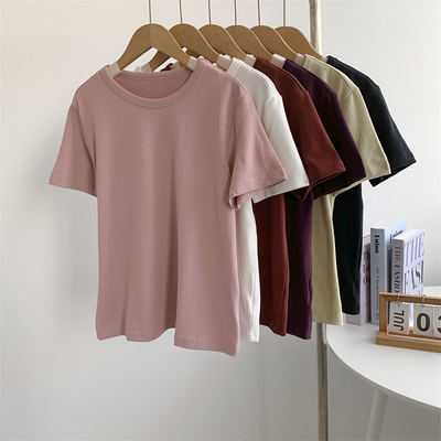 圆领光板短袖T恤女纯色宽松显瘦百搭厚实打底衫铁锈红现代舞上衣