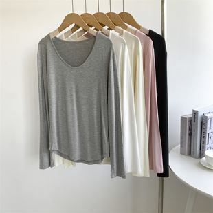 莫代尔大U领长袖打底衫T恤女垂坠感宽松休闲纯色舞蹈服练功服上衣