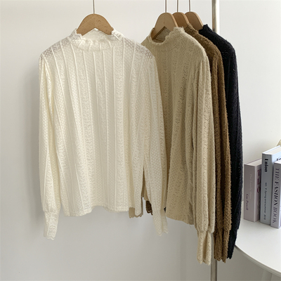 半高领蕾丝长袖打底衫女2025秋季叠穿内搭气质洋气小衫纯色上衣女