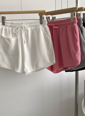 高腰抽绳短裤女灰色宽松运动风夏热裤瑜伽阔腿裤四五分裤米妮绒裤