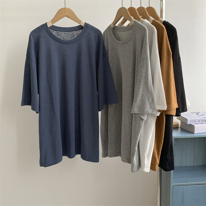 懒惰风圆领雪花麻棉大板短袖T恤中长款胖MM宽松气质遮肚显瘦上衣