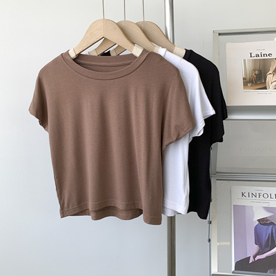 莫代尔短款白色短袖T恤女高腰小个子显瘦显胸舞蹈服短瑜伽服上衣