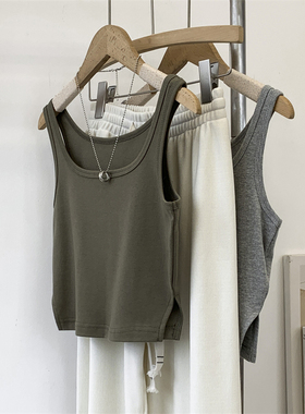 纯色开衩短款军绿色背心女美式高腰修身弹力吊带瑜伽练功服舞蹈服