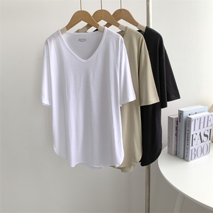 简约纯色开叉U领短袖T恤女圆弧下摆中长款宽松显瘦文艺懒惰风上衣