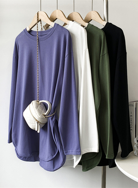 蓝紫色色宽松大码长袖圆领打底衫女韩版春季中长款舞蹈服练功服女