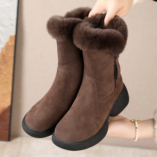 厚底真皮雪地靴女兔毛粗跟短靴冬季加绒加厚妈妈棉鞋防滑中筒女靴