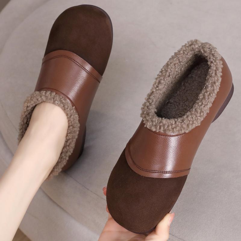 平底防滑保暖妈妈棉鞋真皮软底鞋