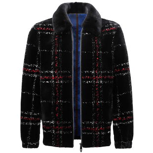 格子纹整貂绒整水貂皮大衣男士真皮皮草皮毛一体翻领短款休闲外套