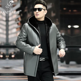 深灰头层牛皮男真皮皮衣尼克服连帽派克服水貂内胆商务休闲皮大衣