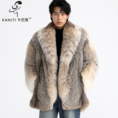大毛领外套高贵品质男装 卡尼提北美猞猁真皮皮草大衣男中长款 厚款