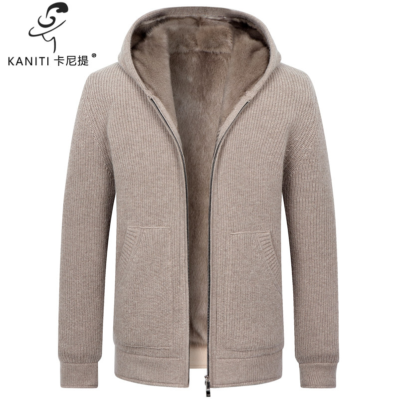 卡尼提羊绒针织连帽毛衣男进口银蓝水貂内胆皮毛一体皮草夹克2025
