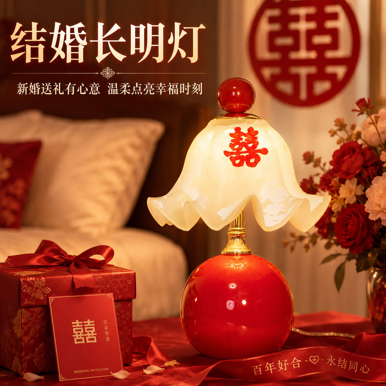 婚庆台灯新娘陪嫁礼品新人礼物卧室红色喜庆婚房床头灯结婚长明灯