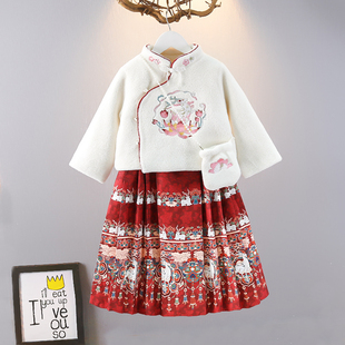 女童马面裙加绒加厚连衣裙冬装宝宝洋气古风公主裙子明制汉服套裙
