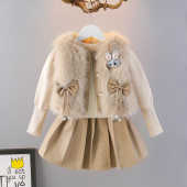 裙子新款 毛毛马甲套装 宝宝针织毛线衣三件套半身裙潮 女童冬季 童装