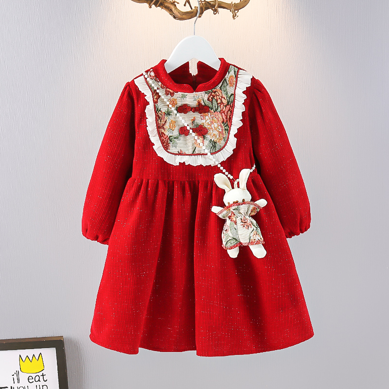 女童长袖冬季碎花连衣裙公主裙