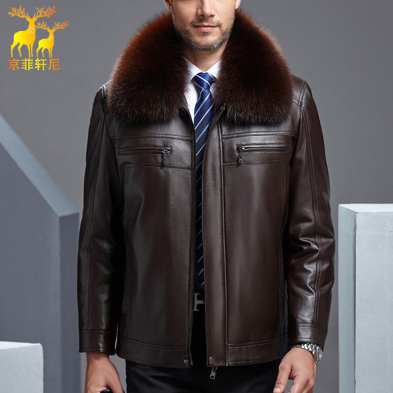 中老年皮衣男真皮绵羊皮加绒加厚狐狸毛领冬季外套爸爸装皮夹克男