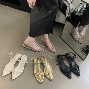 仙女风尖头露趾个性 鞋 一字带凉鞋 时装 坡跟搭扣女罗马鞋 2025年夏季