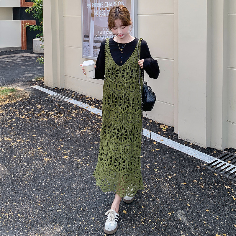 黑色镂空背带连衣裙女2025春季新款时尚减龄休闲叠穿罩衫两件套装,女装套装/套裙,2C103