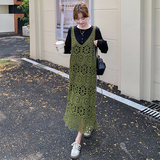 黑色镂空背带连衣裙女2025春季新款时尚减龄休闲叠穿罩衫两件套装，女装套装/套裙，2C103