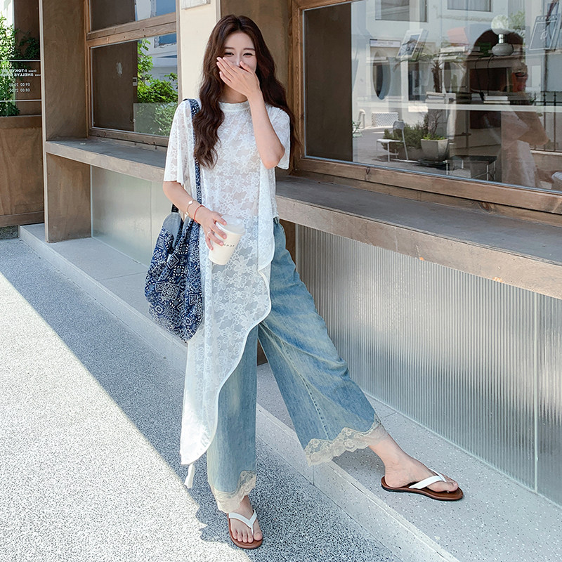 甜美清新日系套装女2025新款夏季蕾丝不规则T裙牛仔阔腿裤两件套,女装套装/套裙,2C103