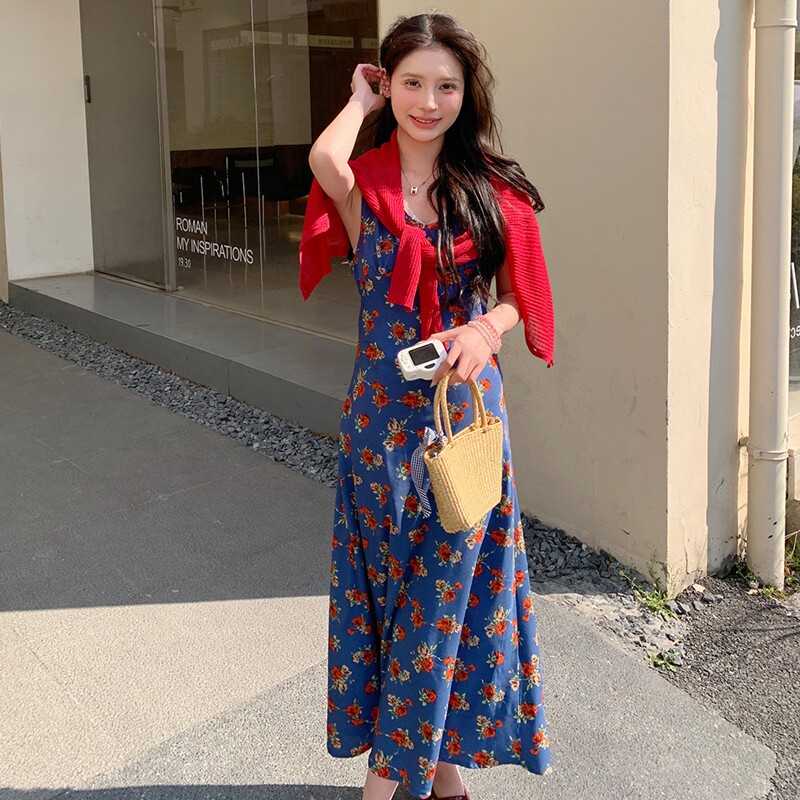 少女风针织开衫碎花吊带连衣裙女夏2025新款流行温柔风长裙两件套,女装套装/套裙,2C103