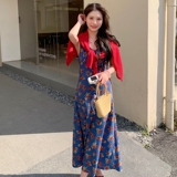 少女风针织开衫碎花吊带连衣裙女夏2025新款流行温柔风长裙两件套，女装套装/套裙，2C103
