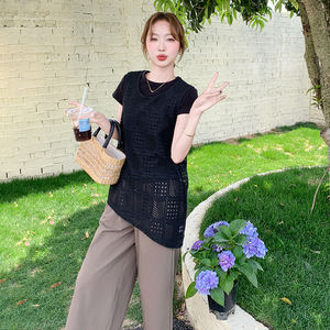 轻熟风黑色不规则镂空背心套装女2025夏季气质感T恤阔腿裤三件套图片
