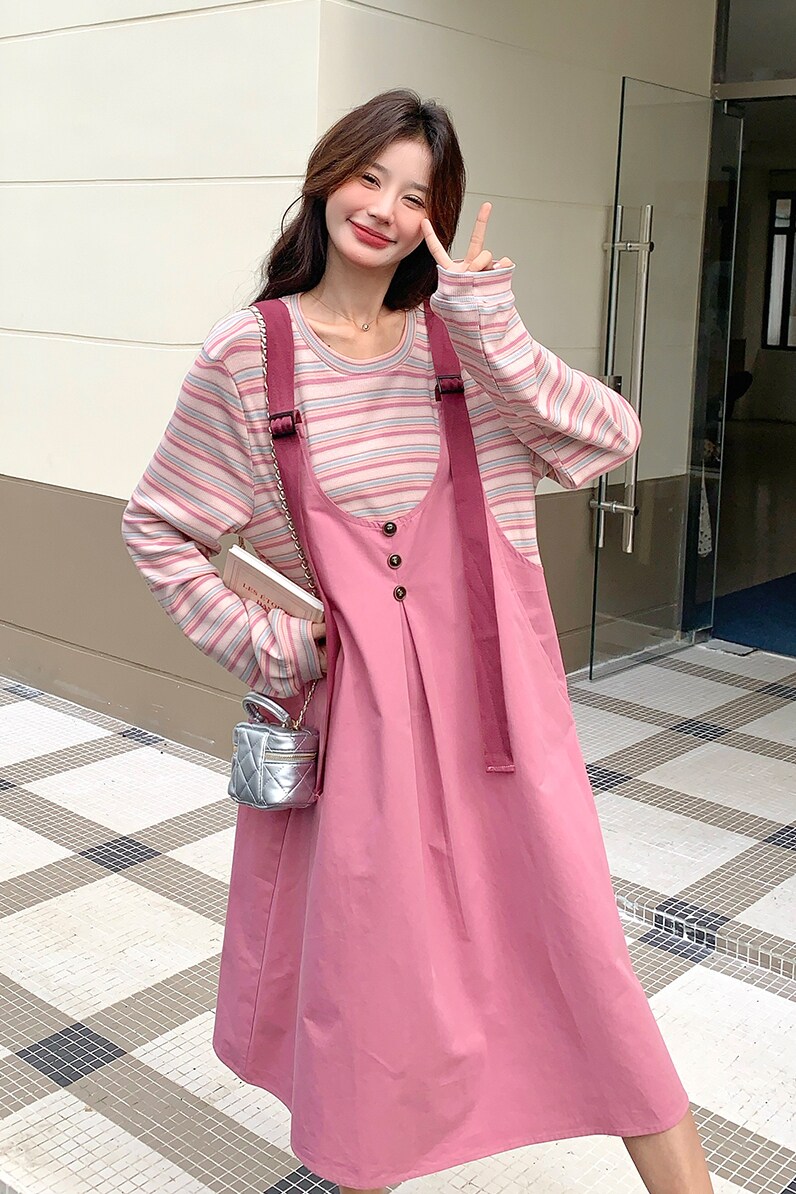 多巴胺粉色条纹拼接假两件背带连衣裙女2025春秋新款甜美减龄裙子,女装连衣裙,2C103
