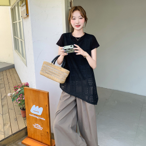 轻熟风黑色不规则镂空背心套装女2025夏季气质感T恤阔腿裤三件套图片