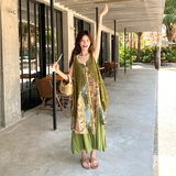 绿色碎花吊带连衣裙女2025新款夏日绝美海边度假风开衫长裙两件套，女装套装/套裙，2C103