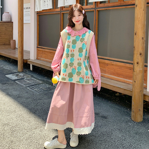 粉色蕾丝花边衬衫休闲套装女2025春秋季新款针织马甲半身裙三件套图片